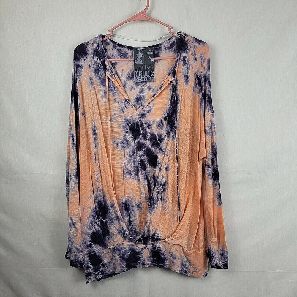 Young Fabulous & Broke Womens Peach Navy Tie Dye Keyhole Neck Tunic Top‎ Size XS